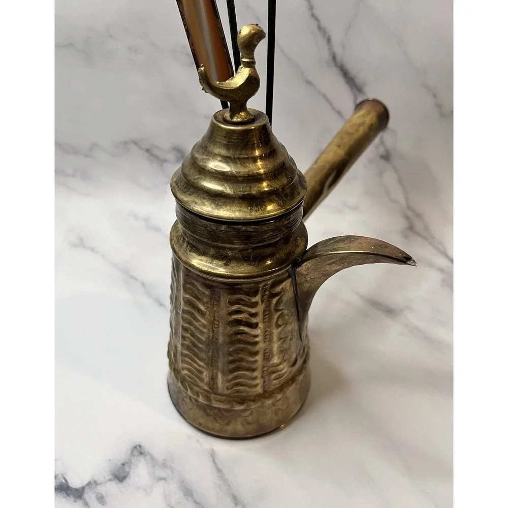 Vintage Brass Turkish Arabic Dallah Coffee Pot With Glass Embellishments Feather